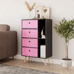 Urbn-Living Urbnliving 84Cm Height Black 6 Section Wooden Storage Bookcase With Pine Legs Pink Drawers