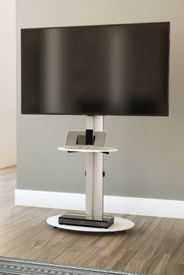 "Avf Eno 60Cm Pedestal Tv Stand With Shelf, For Tvs 32-55"" - Silver & White Glass" - image 1