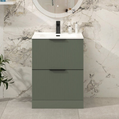 Royal Bathrooms Evora 600mm Sage Green Fluted Floor Standing Bathroom Vanity Unit 2 Drawer Cabinet With Ceramic Basin & Matt Black Handles - image 1