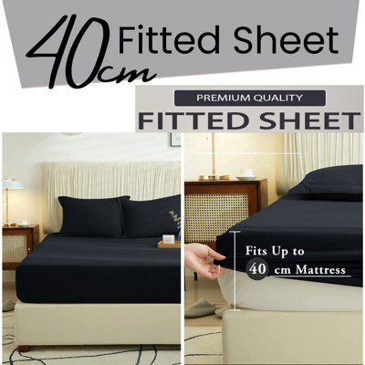 Ameha Super King Plain Dyed Fitted Sheet 40Cm-Extra Deep Pocket Black Fitted Bed Sheets Soft Microfiber Bedding Sheet 180X200Cm - image 1