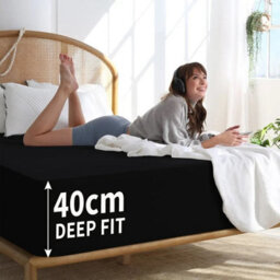 Ameha Super King Plain Dyed Fitted Sheet 40Cm-Extra Deep Pocket Black Fitted Bed Sheets Soft Microfiber Bedding Sheet 180X200Cm - thumbnail 4