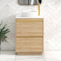 Royal Bathrooms Orion 600mm Natural Oak Floor Standing Plain White Countertop Vanity Unit 2 Drawer With Round Basin & Brushed Brass Accent Trim - thumbnail 1