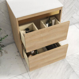 Royal Bathrooms Orion 600mm Natural Oak Floor Standing Plain White Countertop Vanity Unit 2 Drawer With Round Basin & Brushed Brass Accent Trim - thumbnail 4
