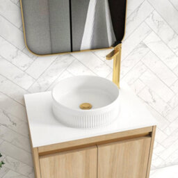 Royal Bathrooms Orion 600mm Natural Oak Floor Standing Plain White Countertop Vanity Unit 2 Drawer With Round Basin & Brushed Brass Accent Trim - thumbnail 5