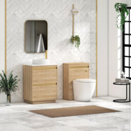 Royal Bathrooms Orion 600mm Natural Oak Floor Standing Plain White Countertop Vanity Unit 2 Drawer With Round Basin & Brushed Brass Accent Trim - thumbnail 3