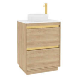 Royal Bathrooms Orion 600mm Natural Oak Floor Standing Plain White Countertop Vanity Unit 2 Drawer With Round Basin & Brushed Brass Accent Trim - thumbnail 6