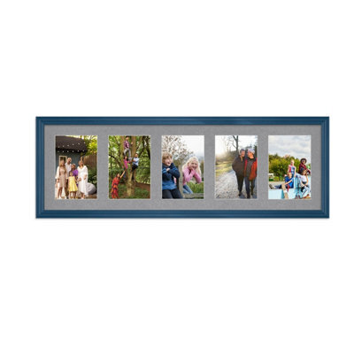 AK Frames 26X8 Navy Blue Classic Multi Photo Frame With Mid Grey Mount - Holds 5 Apertures (5X) 6X4 Photos - image 1