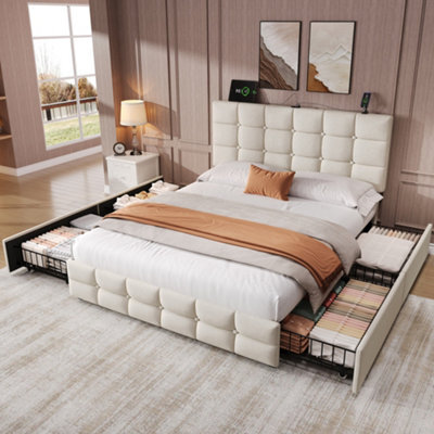 Abrihome 4Ft6 Double Upholstered Bed With 4 Storage Drawers, Bed Frame With Charging Station Adjustable Button Tufted Headboard Beige - image 1