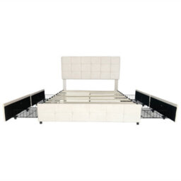 Abrihome 4Ft6 Double Upholstered Bed With 4 Storage Drawers, Bed Frame With Charging Station Adjustable Button Tufted Headboard Beige - thumbnail 9