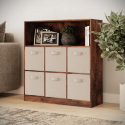 Urbn-Living Urbnliving 94Cm Height 7 Cubed Rustic Brown Wooden Cupboard Bookcase Storage Units Shelves With Beige 6 Drawers - thumbnail 1