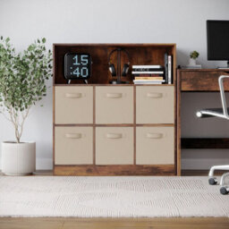 Urbn-Living Urbnliving 94Cm Height 7 Cubed Rustic Brown Wooden Cupboard Bookcase Storage Units Shelves With Beige 6 Drawers - thumbnail 2
