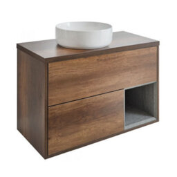 Homestylestore Dark Oak 1000mm Wall Hung Bathroom Vanity Unit With Round Countertop Basin - thumbnail 1