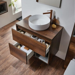 Homestylestore Dark Oak 1000mm Wall Hung Bathroom Vanity Unit With Round Countertop Basin - thumbnail 2