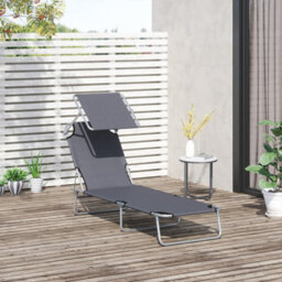 Outsunny Folding Chair Sun Lounger Recliner Seat Sunshade Garden Outdoor Grey
