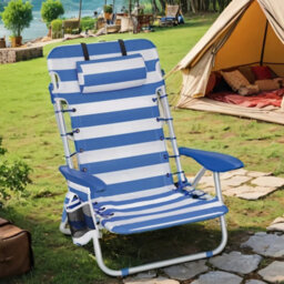 LEDREM Beach Chair, Folding Camping Chair, Portable Outdoor Chair, With Adjustable Backrest, 2 Side Pockets, Blue And White - thumbnail 2