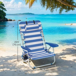 LEDREM Beach Chair, Folding Camping Chair, Portable Outdoor Chair, With Adjustable Backrest, 2 Side Pockets, Blue And White - thumbnail 3