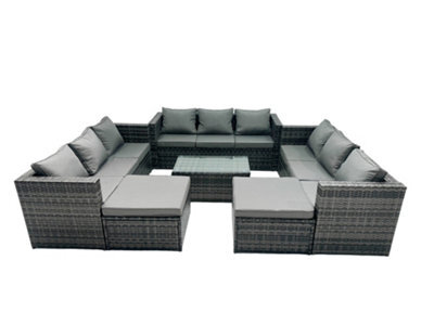 Fimous Rattan Garden Furniture Dining Set 11-Seater Patio Coffee Table Sofa Set With 2 Big Stools Dark Grey Mixed - image 1