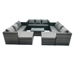 Fimous Rattan Garden Furniture Dining Set 11-Seater Patio Coffee Table Sofa Set With 2 Big Stools Dark Grey Mixed - thumbnail 1