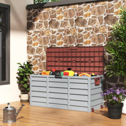 Living And Home 3.6 X 1.7 Ft Brown Waterproof Wooden Style Large Plastic Garden Storage Box With Wheels 290L - thumbnail 2