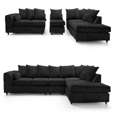 Furnishings For Less UK Monaco Chenille Fabric 5 Seater L Shaped Corner Sofa  Black Right Hand Facing