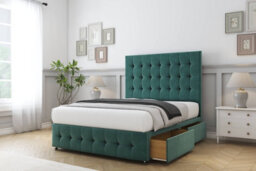 "Sloomy Berlin Emerald Plush Divan Bed Base 2 Drawers Right Side-26"" Strutted Headboard & 12"" Footboard 4' Small Double" - thumbnail 4