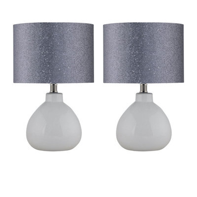 First Choice Lighting Set Of 2 Tuscan White Ceramic Lamps With Silver Grey Glitter Shade - image 1