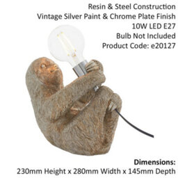 Vintage Silver Sloth Table Light - Resin Figure - Chrome Plated Lamp Holder - thumbnail 2
