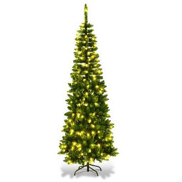 Shatchi Pre-Lit Artificial Slim Christmas Pencil Tree Holiday Multicolour Leds And Metal Stand, Green W/warm White, 7Ft - thumbnail 1