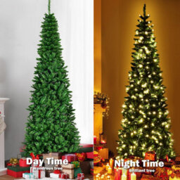 Shatchi Pre-Lit Artificial Slim Christmas Pencil Tree Holiday Multicolour Leds And Metal Stand, Green W/warm White, 7Ft - thumbnail 3