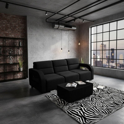 Upholstered Living Room Sofa Bed With Ottoman Foam Filling Wavy Springs Plastic Legs Wooden Frame Black - image 1