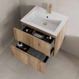 Affine 600mm Bathroom Cloakroom Vanity Unit Basin Sink Wall Hung Fluted Oak Unit - thumbnail 3