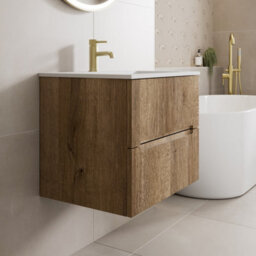 Affine 600mm Bathroom Cloakroom Vanity Unit Basin Sink Wall Hung Fluted Oak Unit - thumbnail 2