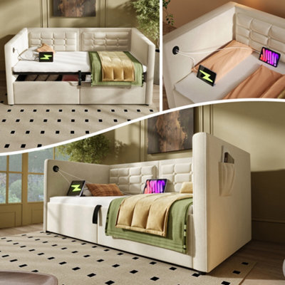 Matteo 3Ft Single Daybed Upholstered Sofa Bed With Hydraulic Storage, Usb & Type-C Charging - Beige Velvet - image 1