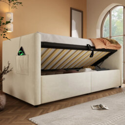Matteo 3Ft Single Daybed Upholstered Sofa Bed With Hydraulic Storage, Usb & Type-C Charging - Beige Velvet - thumbnail 9