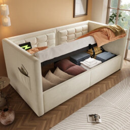 Matteo 3Ft Single Daybed Upholstered Sofa Bed With Hydraulic Storage, Usb & Type-C Charging - Beige Velvet - thumbnail 8