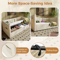 Matteo 3Ft Single Daybed Upholstered Sofa Bed With Hydraulic Storage, Usb & Type-C Charging - Beige Velvet - thumbnail 4