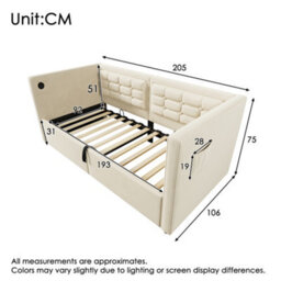Matteo 3Ft Single Daybed Upholstered Sofa Bed With Hydraulic Storage, Usb & Type-C Charging - Beige Velvet - thumbnail 2