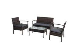 Sh&g Heaton 4 Seater Sofa Set - 4 Piece Table, Chairs & Sofa - Steel & Brown Rattan With Grey Cushions - Indoor & Outdoor