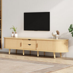 Btm Tv Stand With 2 Drawers 2 Sliding Doors And Storage Shelves Oval Tv Cabinet For Up To 70 Inch Tv Wood Finish - thumbnail 5