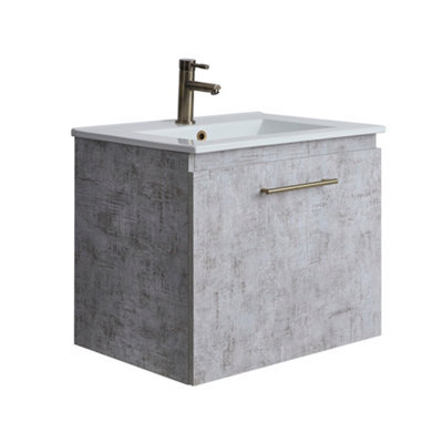 Homestylestore 600mm Concrete Grey Wall Hung Bathroom Vanity Unit And Brushed Gold T Bar Handle - image 1