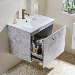 Homestylestore 600mm Concrete Grey Wall Hung Bathroom Vanity Unit And Brushed Gold T Bar Handle - thumbnail 3