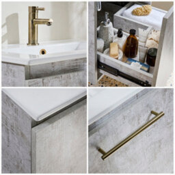 Homestylestore 600mm Concrete Grey Wall Hung Bathroom Vanity Unit And Brushed Gold T Bar Handle - thumbnail 4