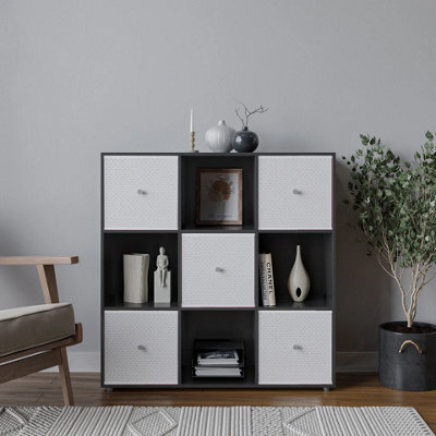 Urbn-Living 9 Cube Black Wooden Bookcase Shelving Unit With 5 Collapsible Fabric Drawers - White - image 1
