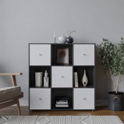Urbn-Living 9 Cube Black Wooden Bookcase Shelving Unit With 5 Collapsible Fabric Drawers - White - thumbnail 1