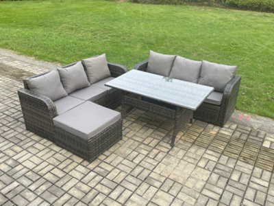 Fimous Rattan Garden Furniture Set With Oblong Dining Table Big Footstool 4 Pieces Outdoor Lounge Sofa Set Dark Grey Mixed - image 1