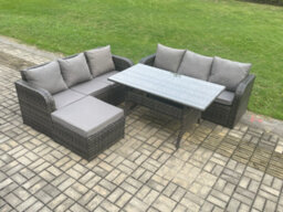 Fimous Rattan Garden Furniture Set With Oblong Dining Table Big Footstool 4 Pieces Outdoor Lounge Sofa Set Dark Grey Mixed - thumbnail 2