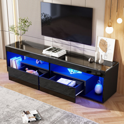"Abrihome Black High Gloss Tv Stand With Led Lights & 2 Drawers - 180X40X46Cm, Glass Tabletop, Open Storage For Tvs Up To 80""" - image 1