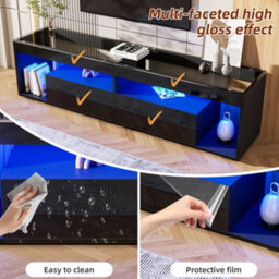 "Abrihome Black High Gloss Tv Stand With Led Lights & 2 Drawers - 180X40X46Cm, Glass Tabletop, Open Storage For Tvs Up To 80""" - thumbnail 7