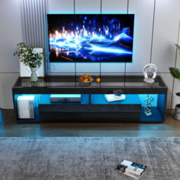 "Abrihome Black High Gloss Tv Stand With Led Lights & 2 Drawers - 180X40X46Cm, Glass Tabletop, Open Storage For Tvs Up To 80""" - thumbnail 3
