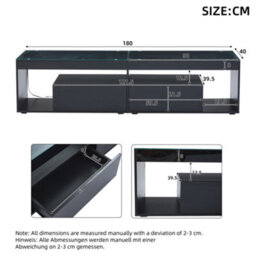 "Abrihome Black High Gloss Tv Stand With Led Lights & 2 Drawers - 180X40X46Cm, Glass Tabletop, Open Storage For Tvs Up To 80""" - thumbnail 5